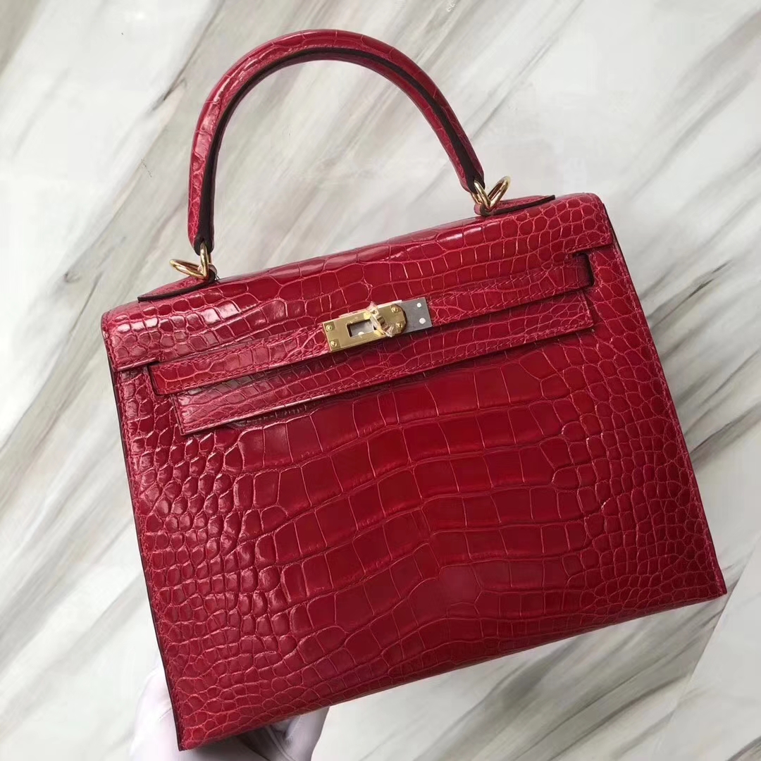 Hermès（爱马仕）Kelly凯莉包 亮面框框美洲鳄 Q5国旗红 顶级工艺 蜡线全手工 金扣 25cm