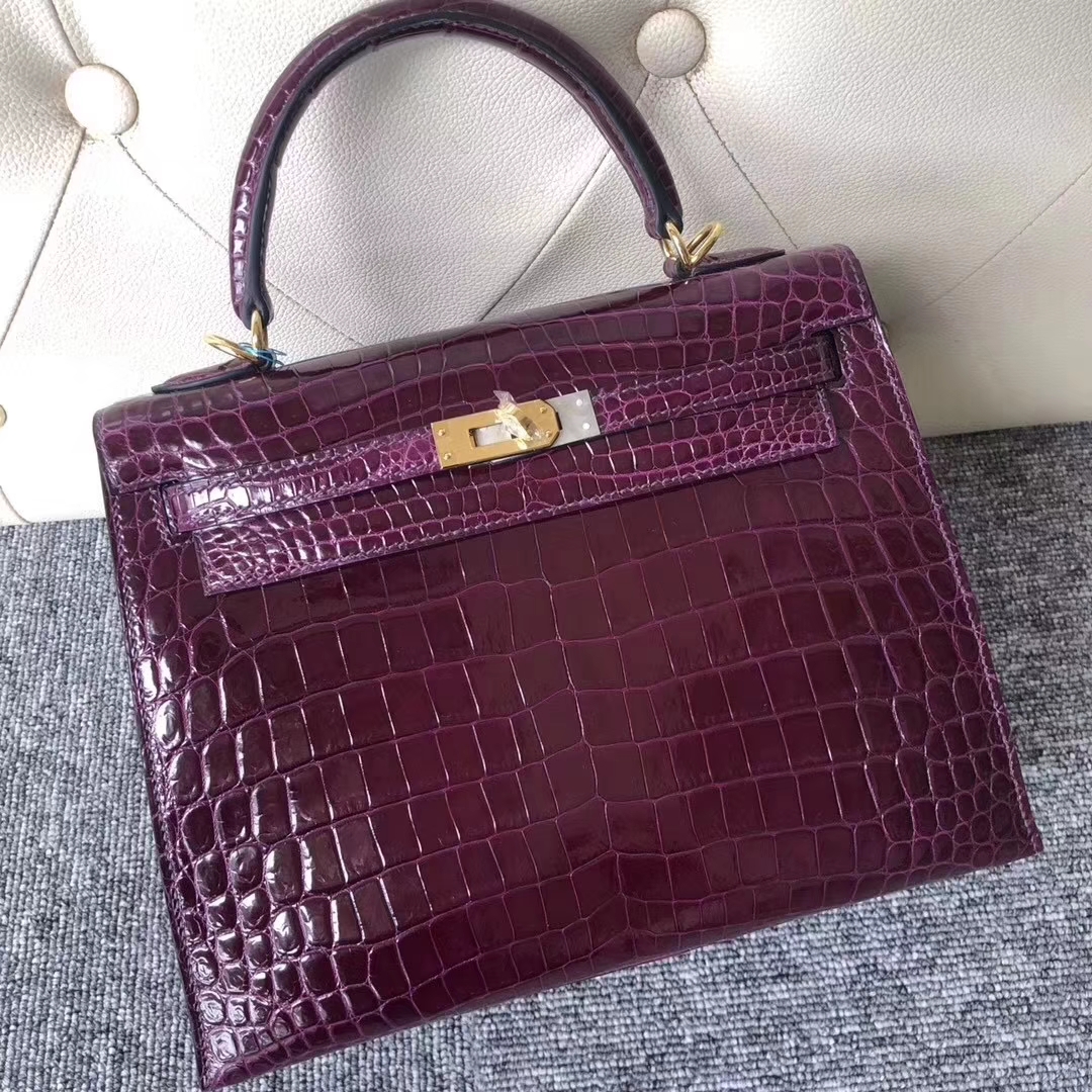 Hermès（爱马仕）Kelly凯莉包 Crocodile shiny 亮面鳄鱼N5 加仑紫 金扣 25cm