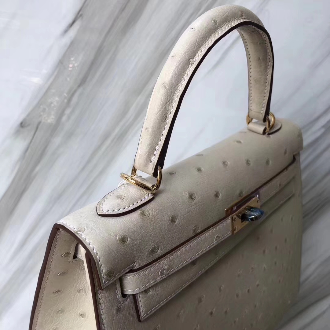Hermès（爱马仕）Kelly凯莉包 Ostrich kk鸵鸟3C羊毛白 金扣  顶级手缝 25cm 现货