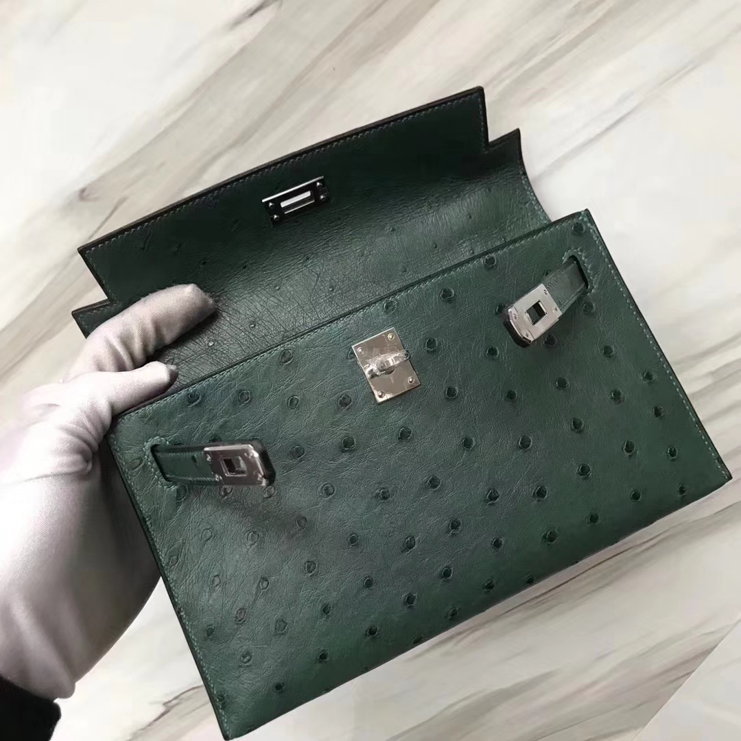 Hermès（爱马仕）Mini Kelly ostrich kk鸵鸟 Z6孔雀绿 顶级工艺 蜡线全手工 银扣 22cm