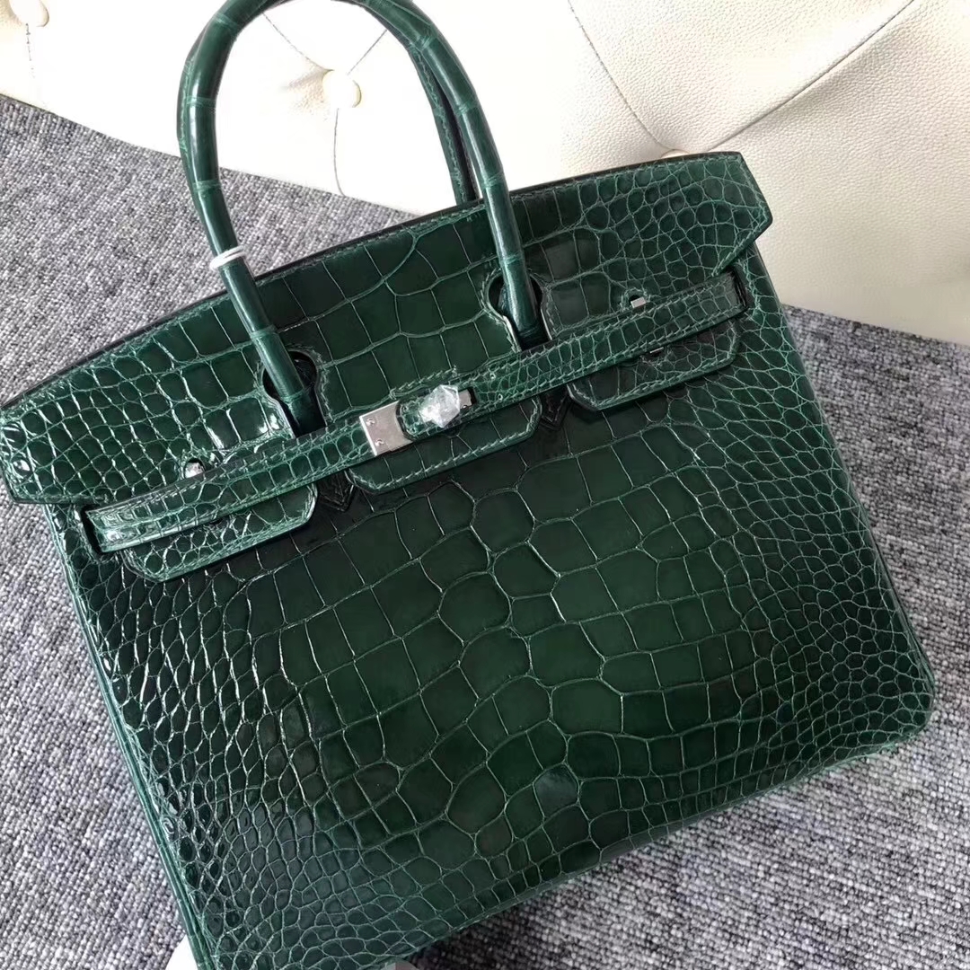 Hermès(爱马仕)Birkin铂金包 Alligator shiny 亮面鳄鱼 ck67 祖母绿 银扣 25cm-拉尔森鳄鱼皮具定制 - 爱马仕包包官网 Hermès(爱马仕)Birkin铂金包 Alligator shiny 亮面鳄鱼 ck67 祖母绿 银扣 25cm
