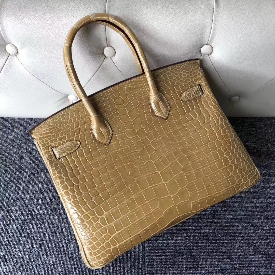 Hermès（爱马仕）Birkin铂金包 Porosus shiny 亮面澳洲湾鳄 1C 杏色 裸色 beige 银扣 30cm