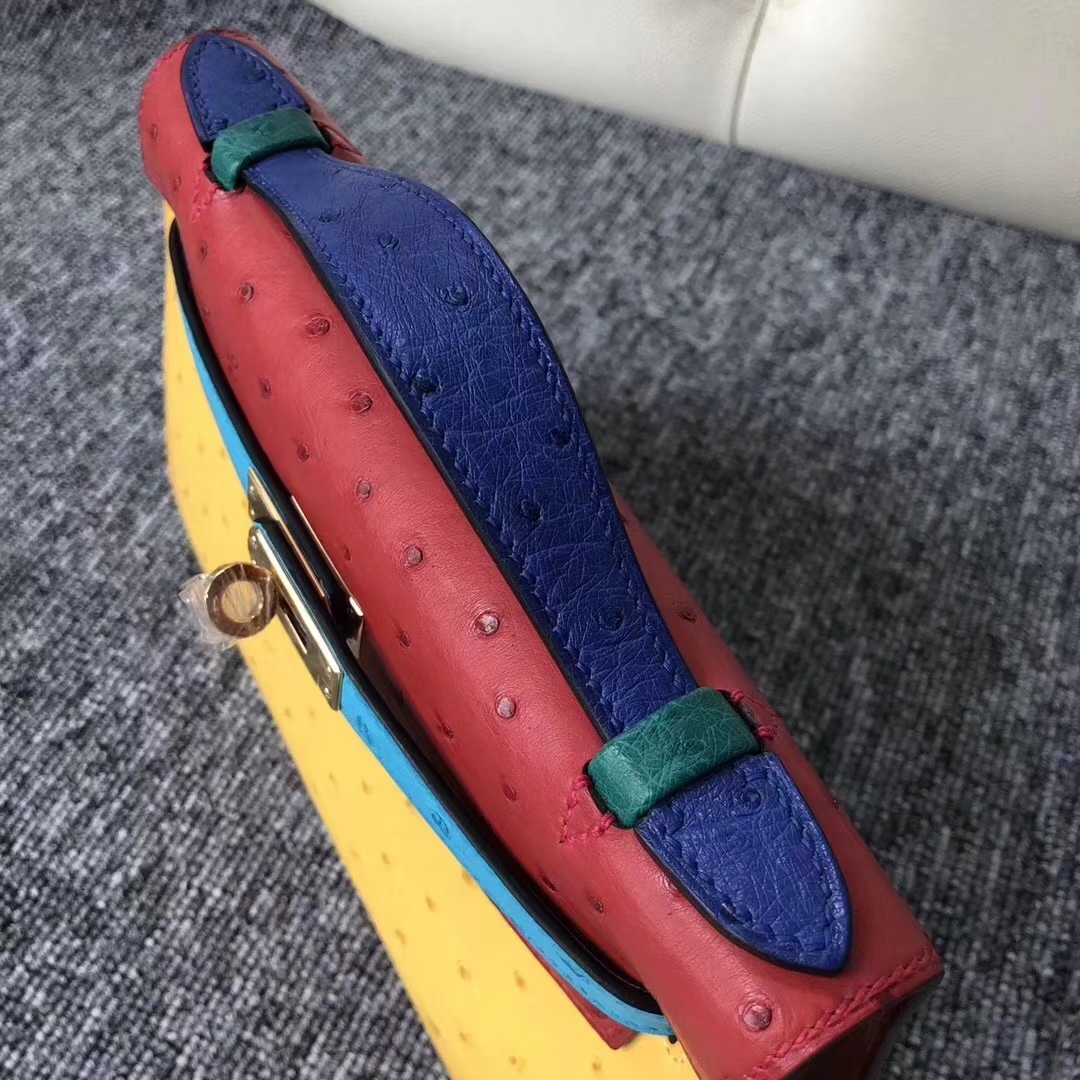 Hermès（爱马仕）Minikelly pochette 22cm Ostrich kk鸵鸟 彩虹包多拼色 金扣 马蹄印 限量