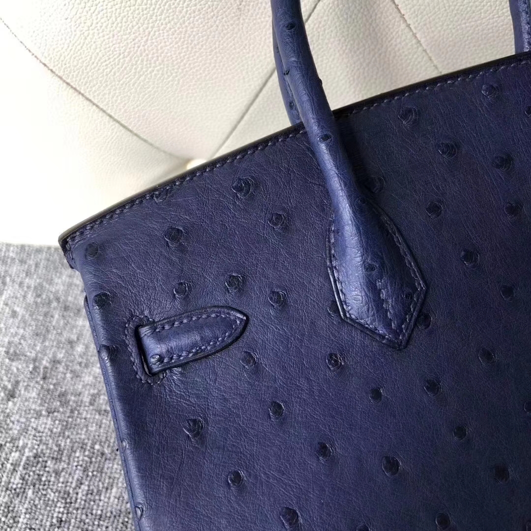Hermès（爱马仕）Birkin铂金包 Ostrich kk鸵鸟 7K 宝石蓝 blue saphir 金扣 顶级手缝 25cm 现货
