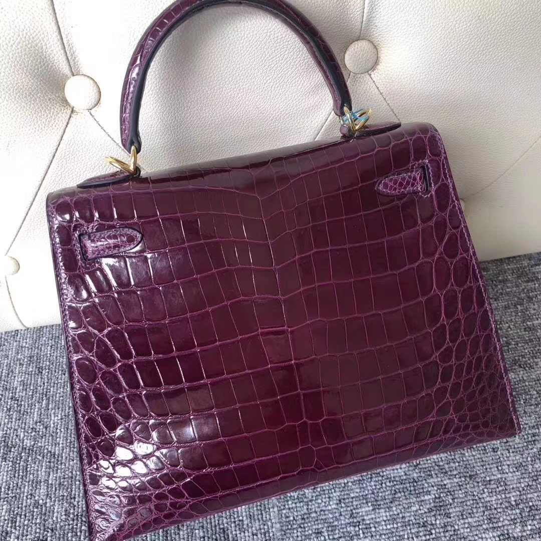 Hermès（爱马仕）Kelly凯莉包 Crocodile shiny 亮面鳄鱼N5 加仑紫 金扣 25cm