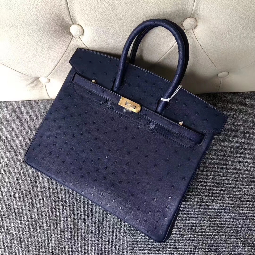 Hermès（爱马仕）Birkin铂金包 Ostrich kk鸵鸟 7K 宝石蓝 blue saphir 金扣 顶级手缝 25cm 现货