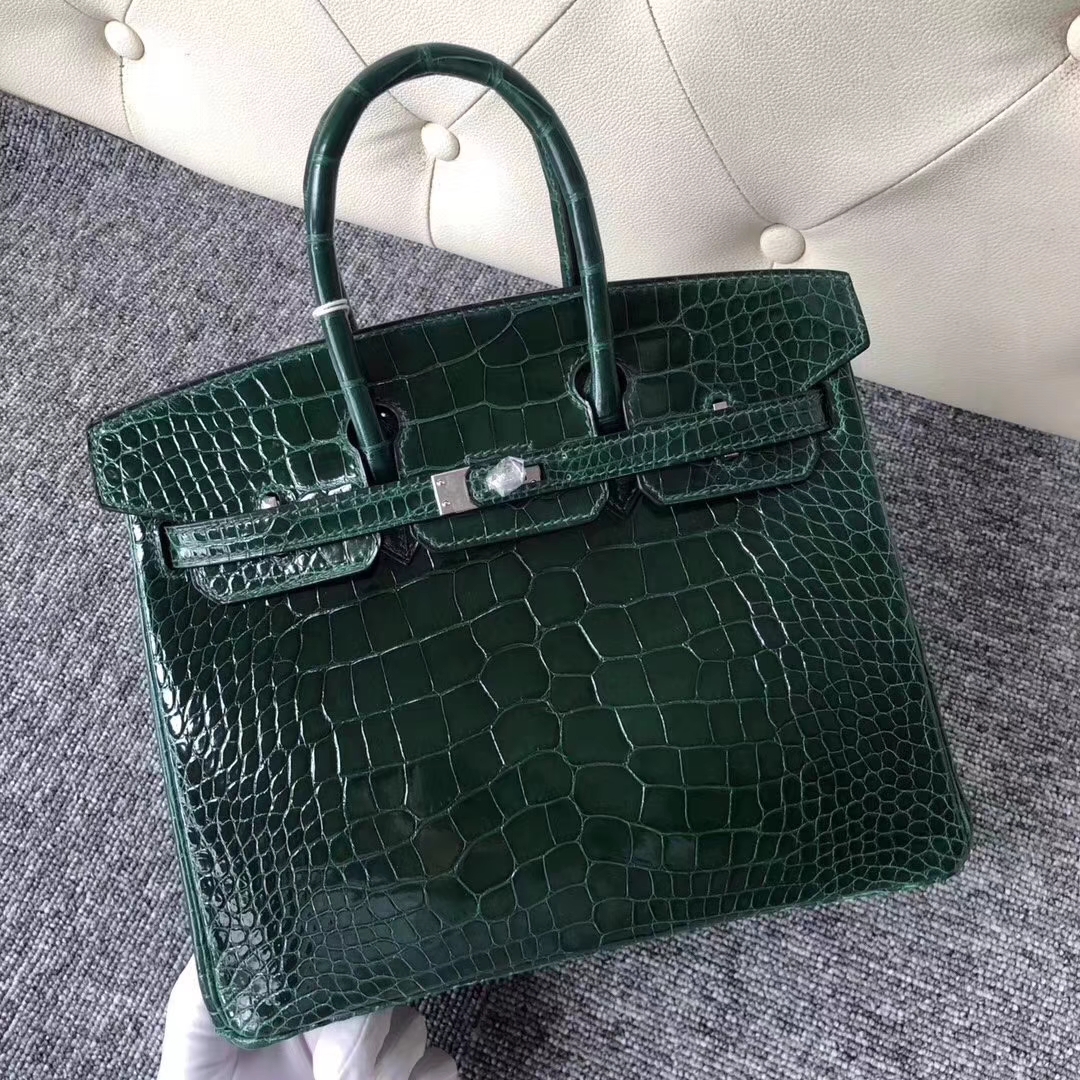 Hermès（爱马仕）Birkin铂金包 Alligator  shiny 亮面鳄鱼 ck67 祖母绿 银扣 25cm