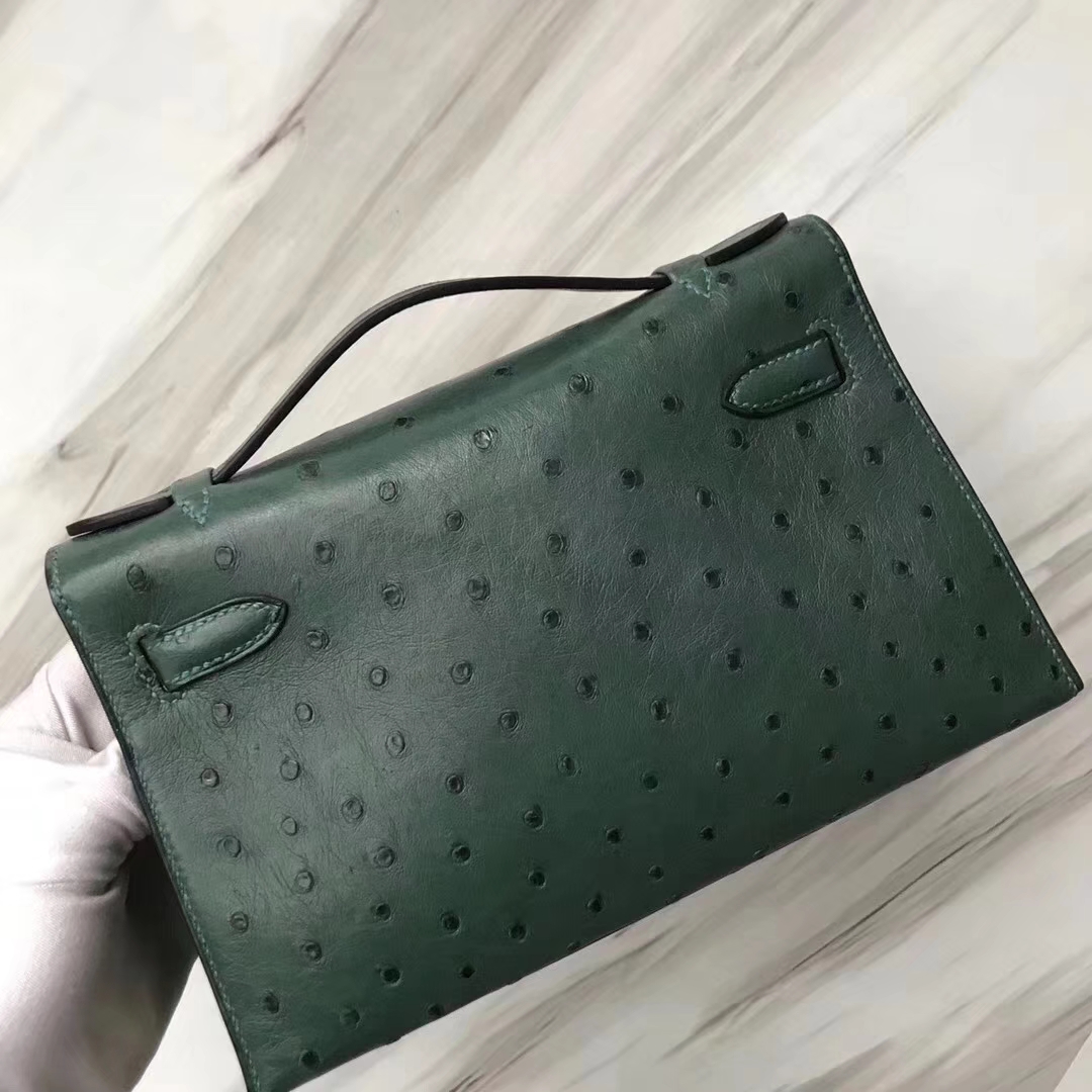 Hermès（爱马仕）Mini Kelly ostrich kk鸵鸟 Z6孔雀绿 顶级工艺 蜡线全手工 银扣 22cm