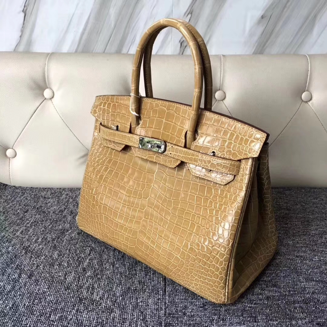 Hermès（爱马仕）Birkin铂金包 Porosus shiny 亮面澳洲湾鳄 1C 杏色 裸色 beige 银扣 30cm