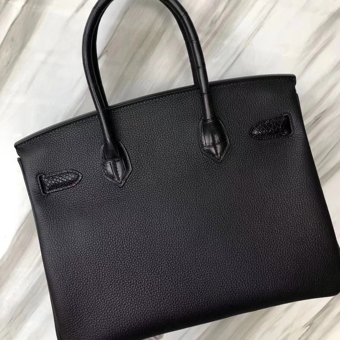 Hermès（爱马仕）Birkin铂金包 黑色 touch 雾面鳄鱼拼小牛皮 玫瑰金 30cm
