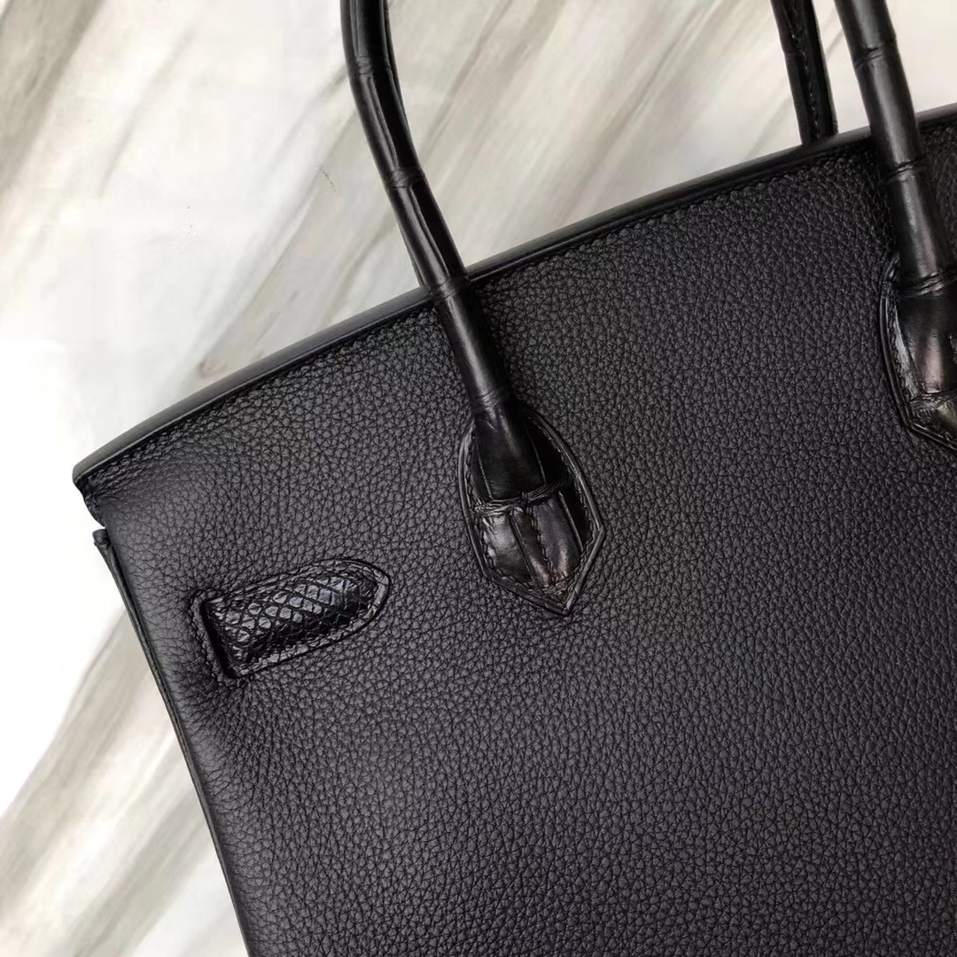 Hermès（爱马仕）Birkin铂金包 黑色 touch 雾面鳄鱼拼小牛皮 玫瑰金 30cm