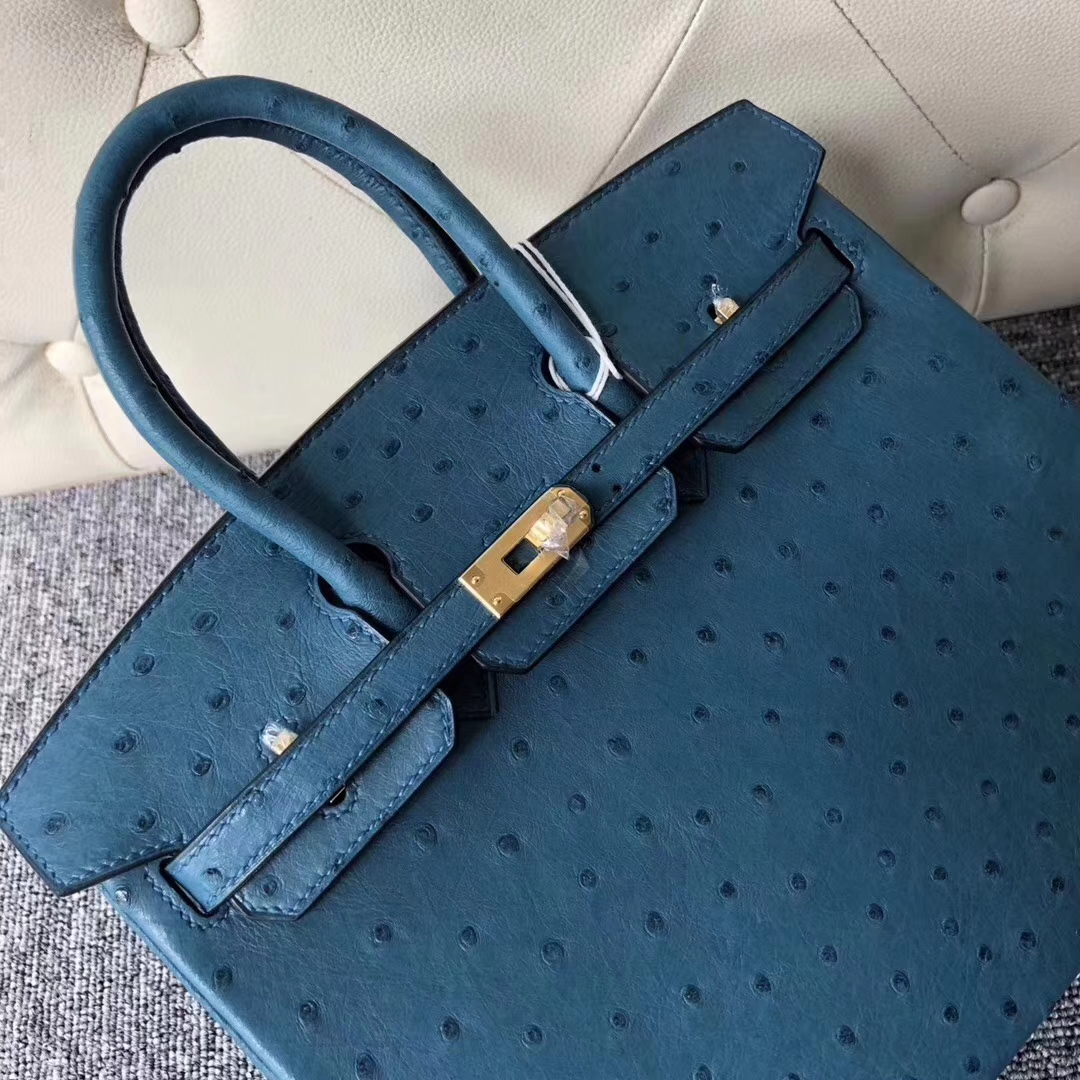 Hermès（爱马仕）Birkin铂金包 Ostrich kk鸵鸟 7C 珊瑚蓝 Cobalt 金扣 顶级手缝 25cm 现货