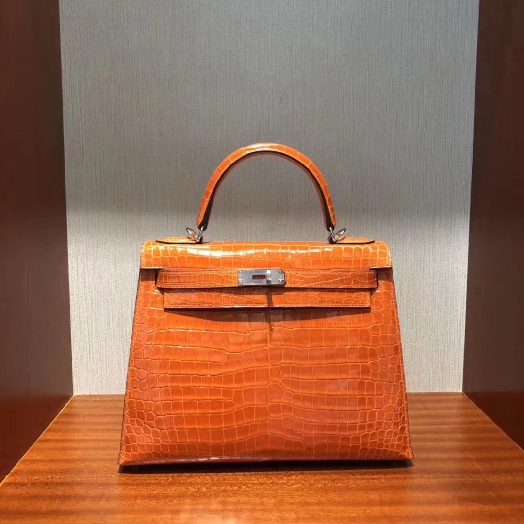 Hermès（爱马仕）Kelly凯莉包 亮面框框美洲鳄 橙色 顶级工艺 蜡线全手工 金扣 28cm