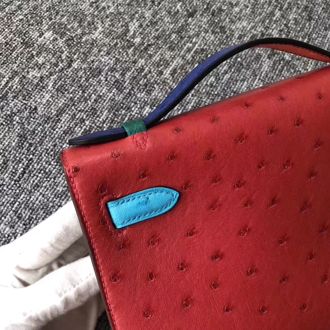 Hermès（爱马仕）Minikelly pochette 22cm Ostrich kk鸵鸟 彩虹包多拼色 金扣 马蹄印 限量