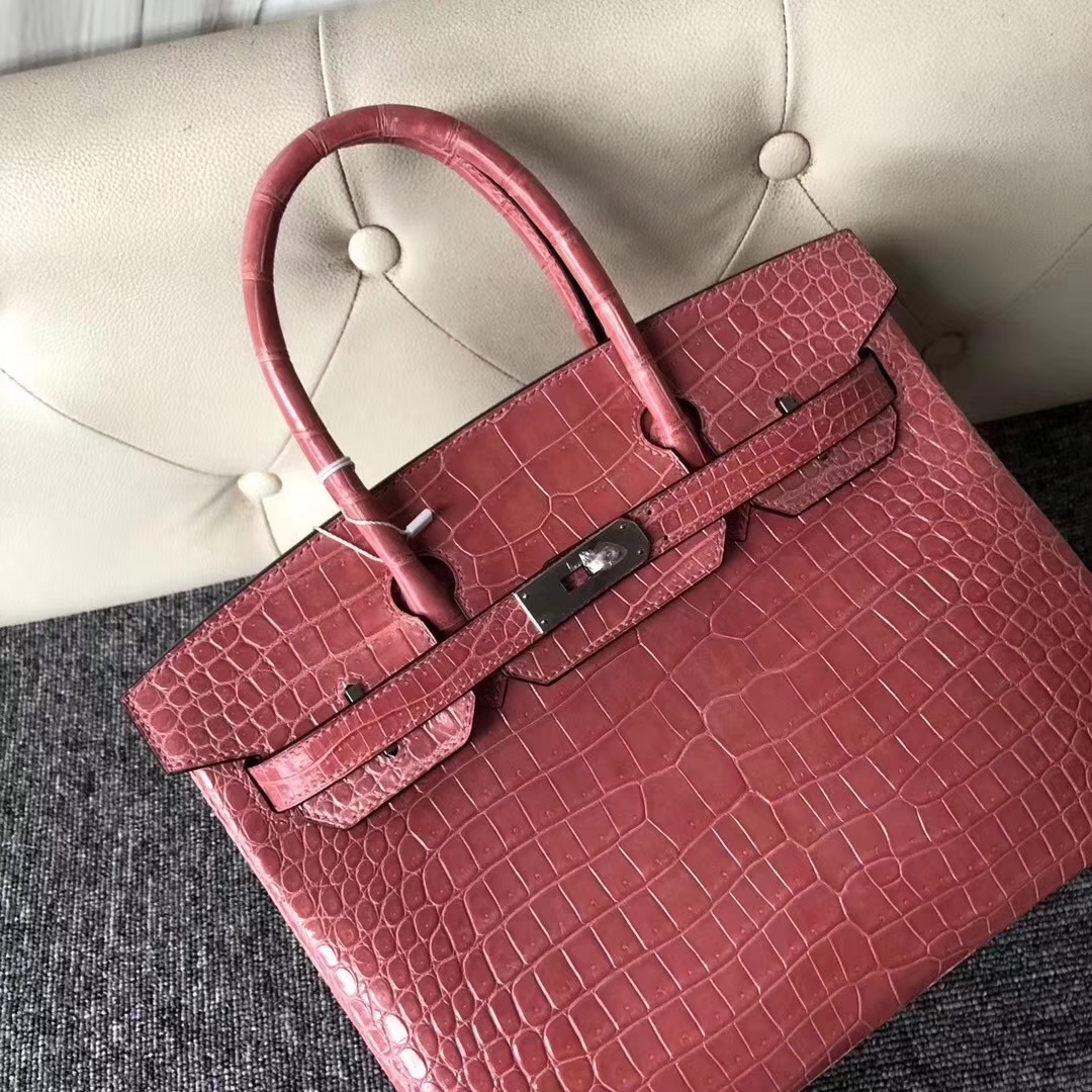 Hermès（爱马仕）Birkin铂金包 Porosus shiny 亮面澳洲湾鳄 L5 龙虾粉 crevette 银扣 30cm