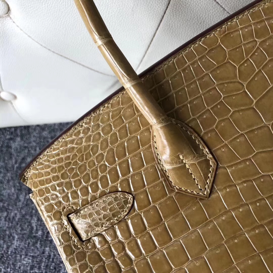 Hermès（爱马仕）Birkin铂金包 Porosus shiny 亮面澳洲湾鳄 1C 杏色 裸色 beige 银扣 30cm