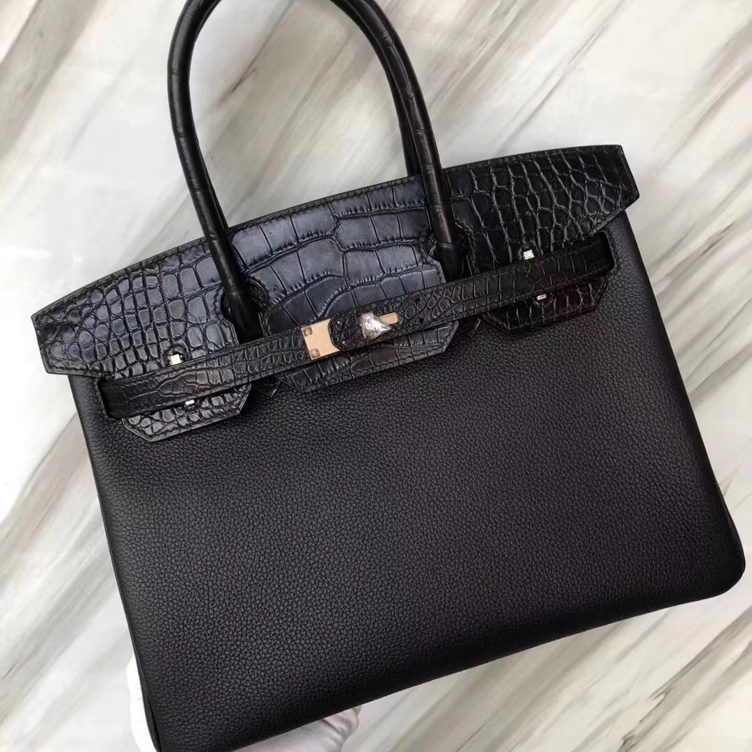 Hermès（爱马仕）Birkin铂金包 黑色 touch 雾面鳄鱼拼小牛皮 玫瑰金 30cm