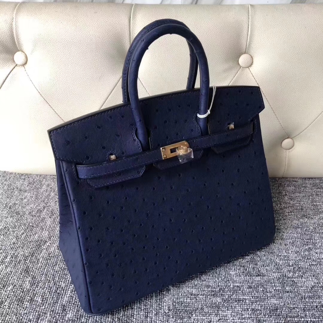 Hermès（爱马仕）Birkin铂金包 Ostrich kk鸵鸟 7K 宝石蓝 blue saphir 金扣 顶级手缝 25cm 现货