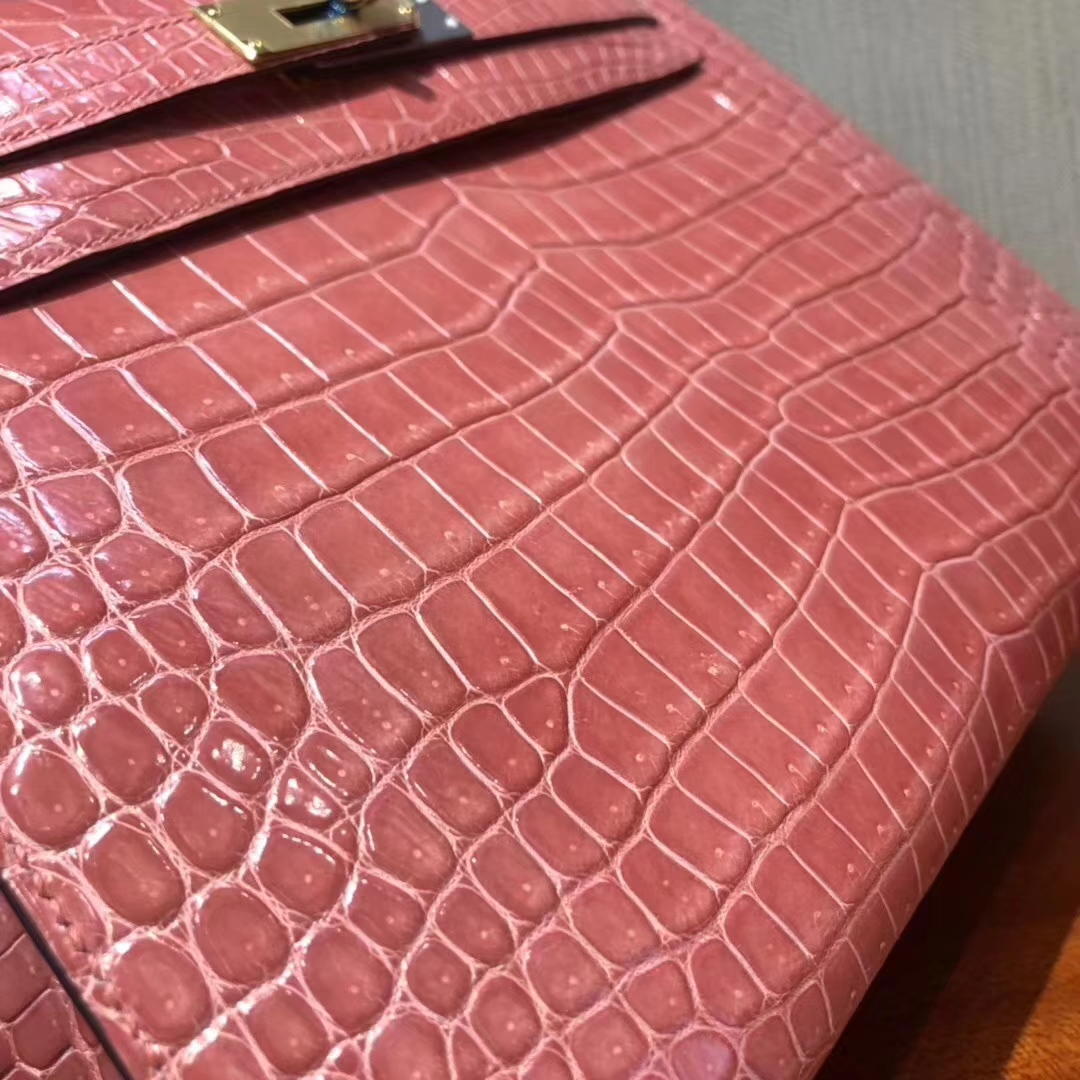 Hermès（爱马仕）Kelly凯莉包 龙虾粉 亮面框框美洲鳄 顶级工艺 蜡线全手工 金扣 28cm