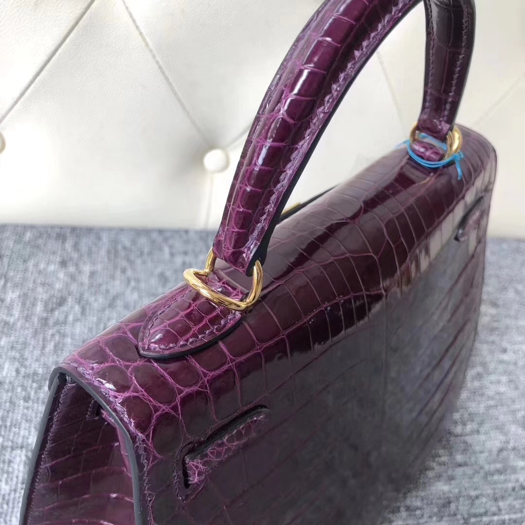 Hermès（爱马仕）Kelly凯莉包 Crocodile shiny 亮面鳄鱼N5 加仑紫 金扣 25cm