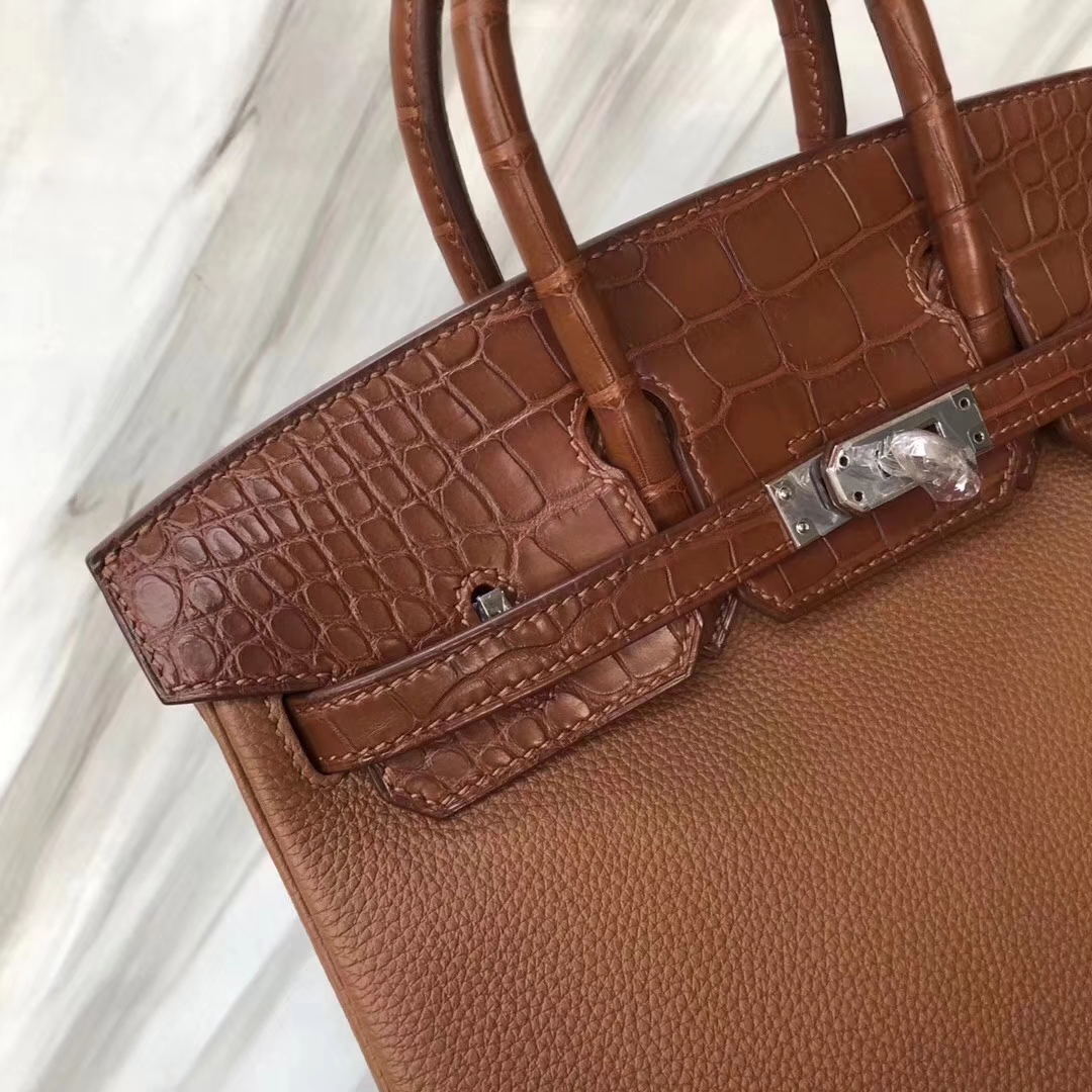 Hermès（爱马仕）Birkin铂金包 金棕色 touch 雾面鳄鱼拼小牛皮 玫瑰金 25cm