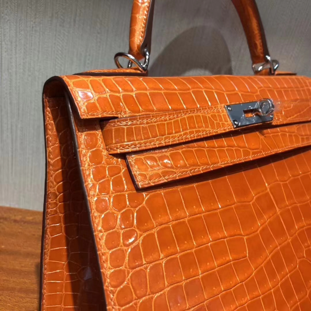 Hermès（爱马仕）Kelly凯莉包 亮面框框美洲鳄 橙色 顶级工艺 蜡线全手工 金扣 28cm