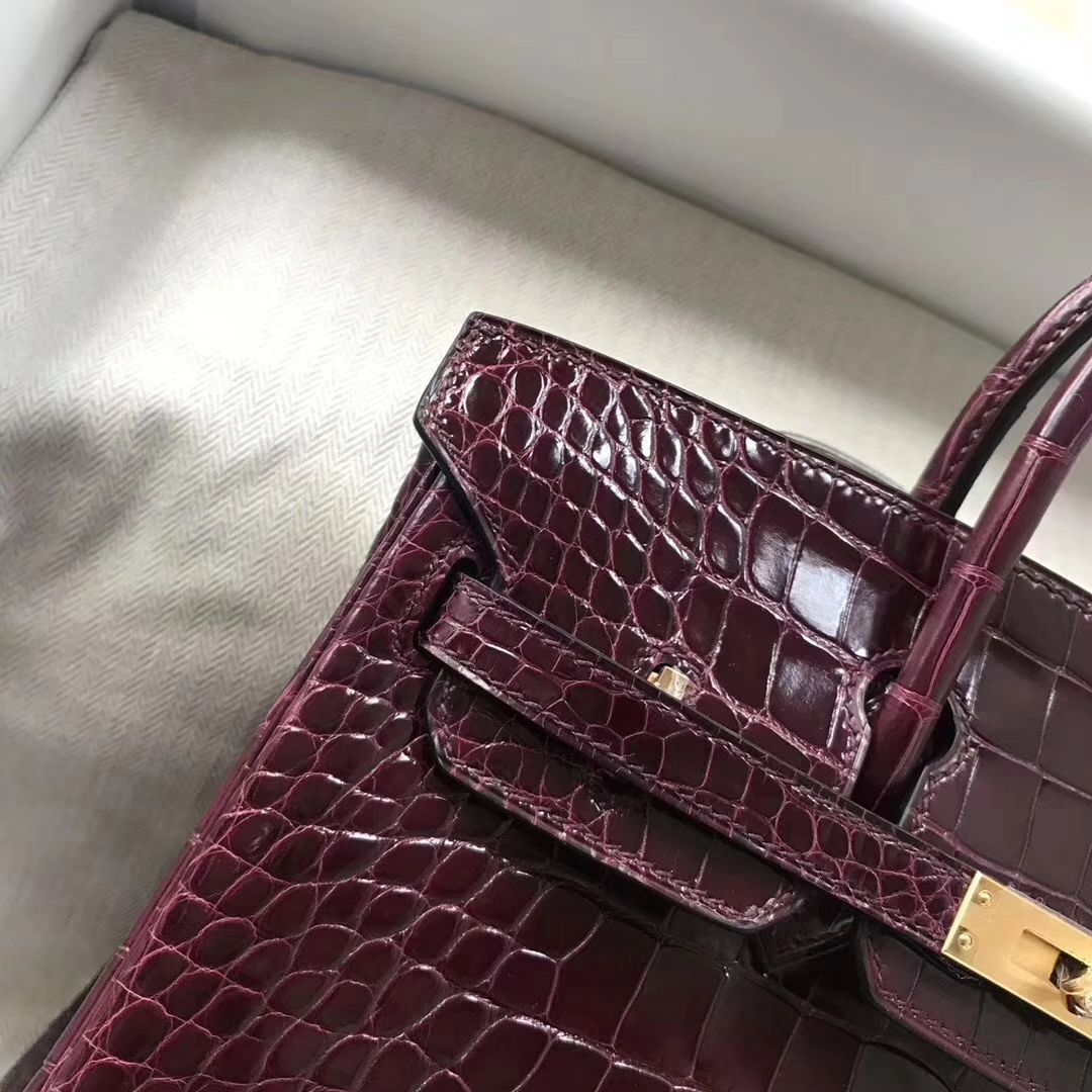 Hermès（爱马仕）Birkin铂金包 Alligator shiny 亮面鳄鱼 ck57 波尔多酒红 金扣 顶级手缝 25cm 现货