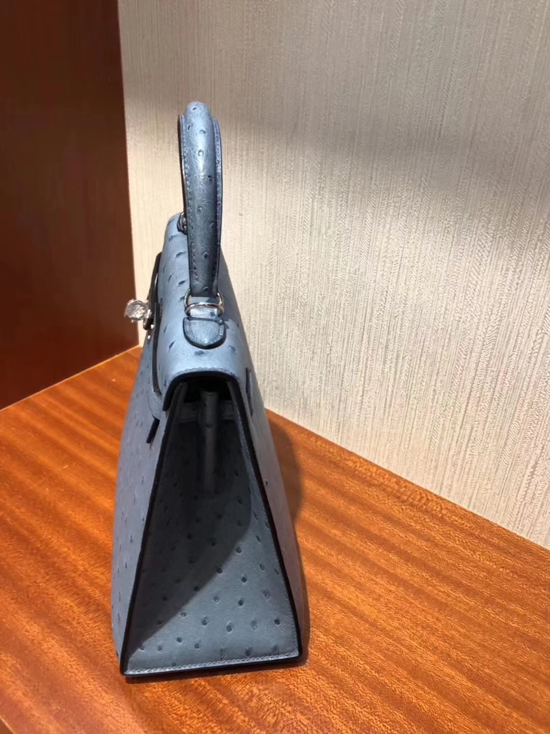 Hermès（爱马仕）Kelly凯莉包 Ostrich kk鸵鸟 8U 冰川蓝 blue glacier 银扣 25cm 现货