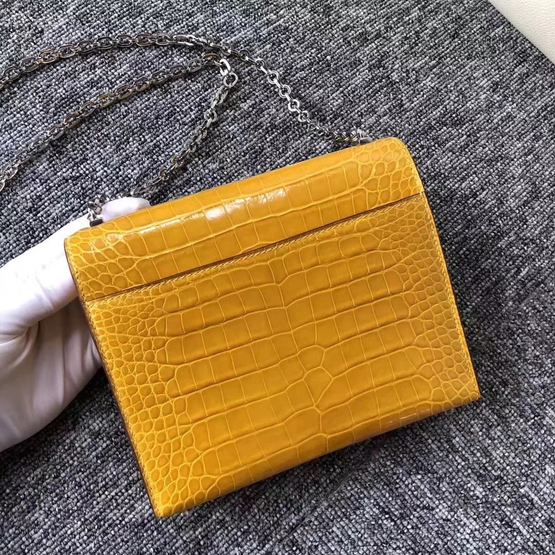 Hermès（爱马仕）Verrou插销包 Alligator shiny 亮面鳄鱼9D 琥珀黄 Ambre 17cm