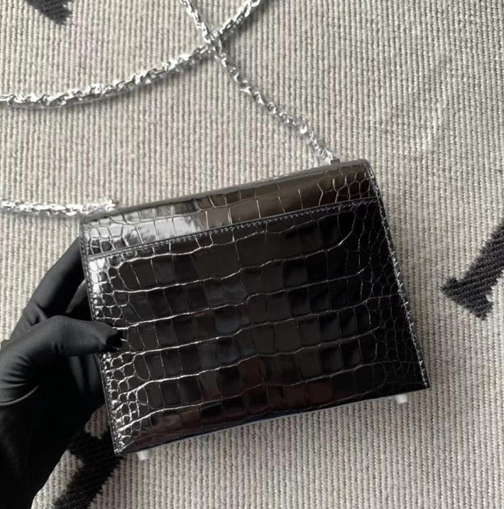 Hermès（爱马仕）Verrou插销包 Alligator shiny 美洲亮面鳄鱼 黑色 银扣 17cm