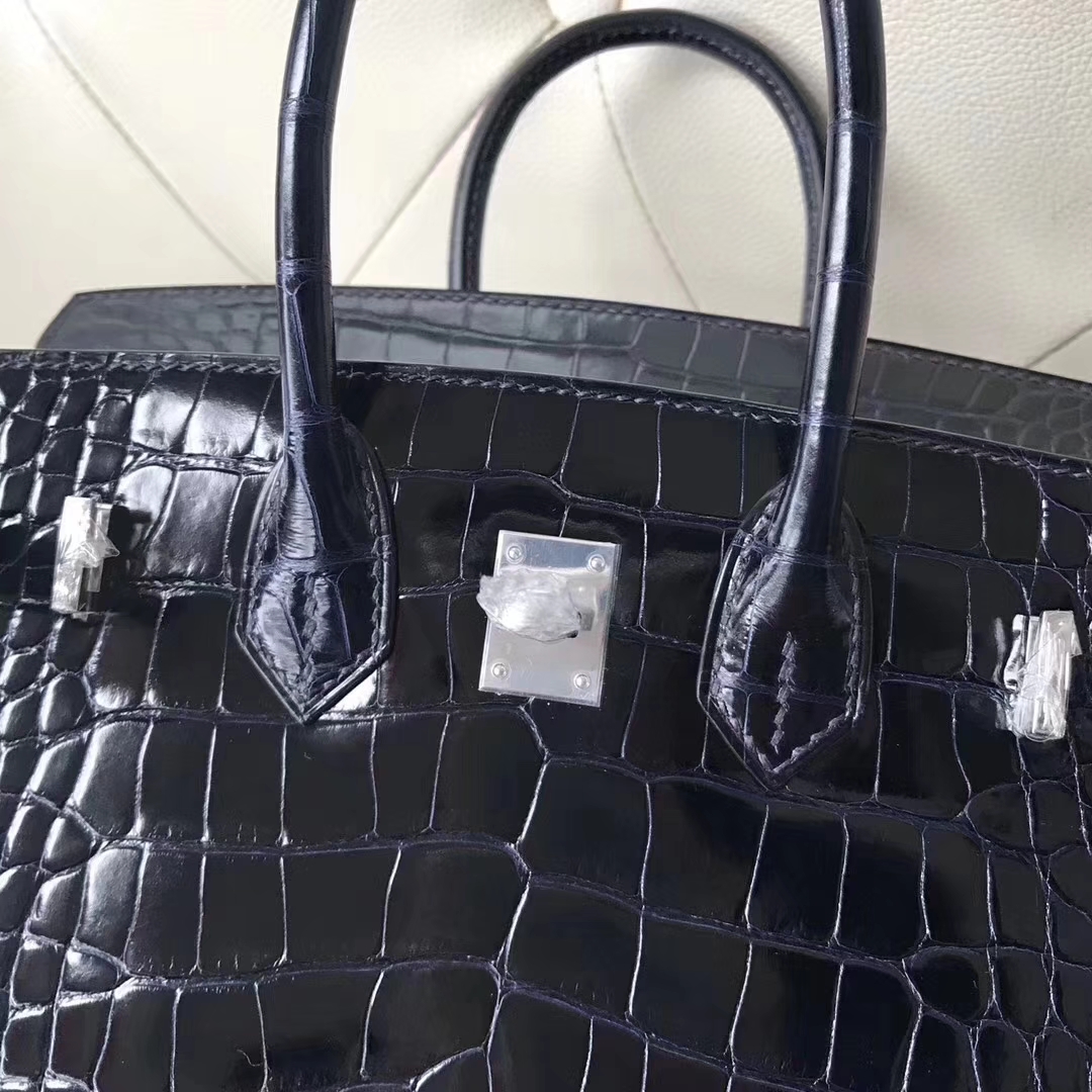 Hermès（爱马仕）Birkin铂金包 Alligator shiny 亮面鳄鱼 7K 宝石蓝 银扣 顶级手缝 25cm 现货