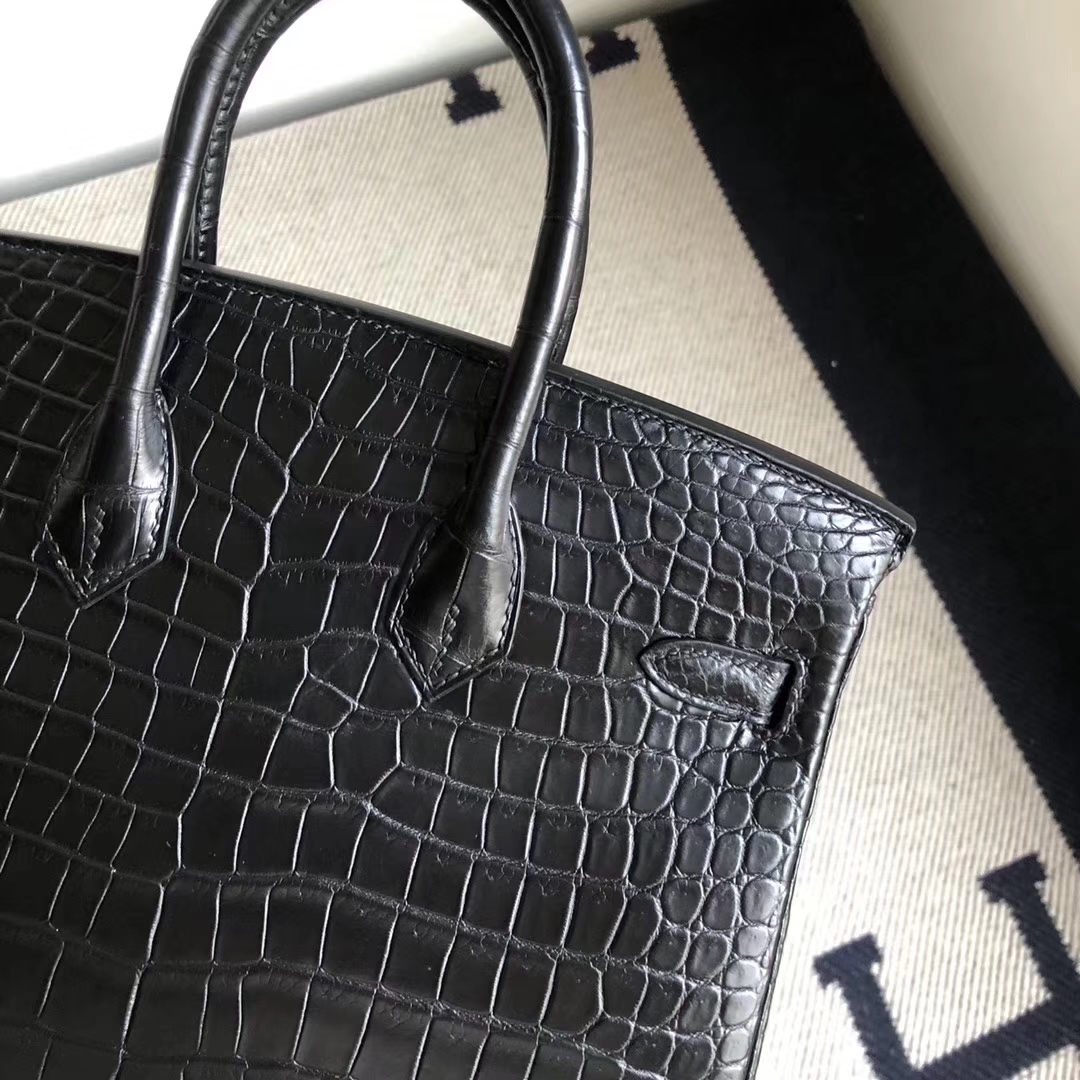 Hermès（爱马仕）Birkin铂金包 雾面倒V澳洲鳄鱼 御用原装HCP鳄鱼皮 CK89黑色 银扣 25cm