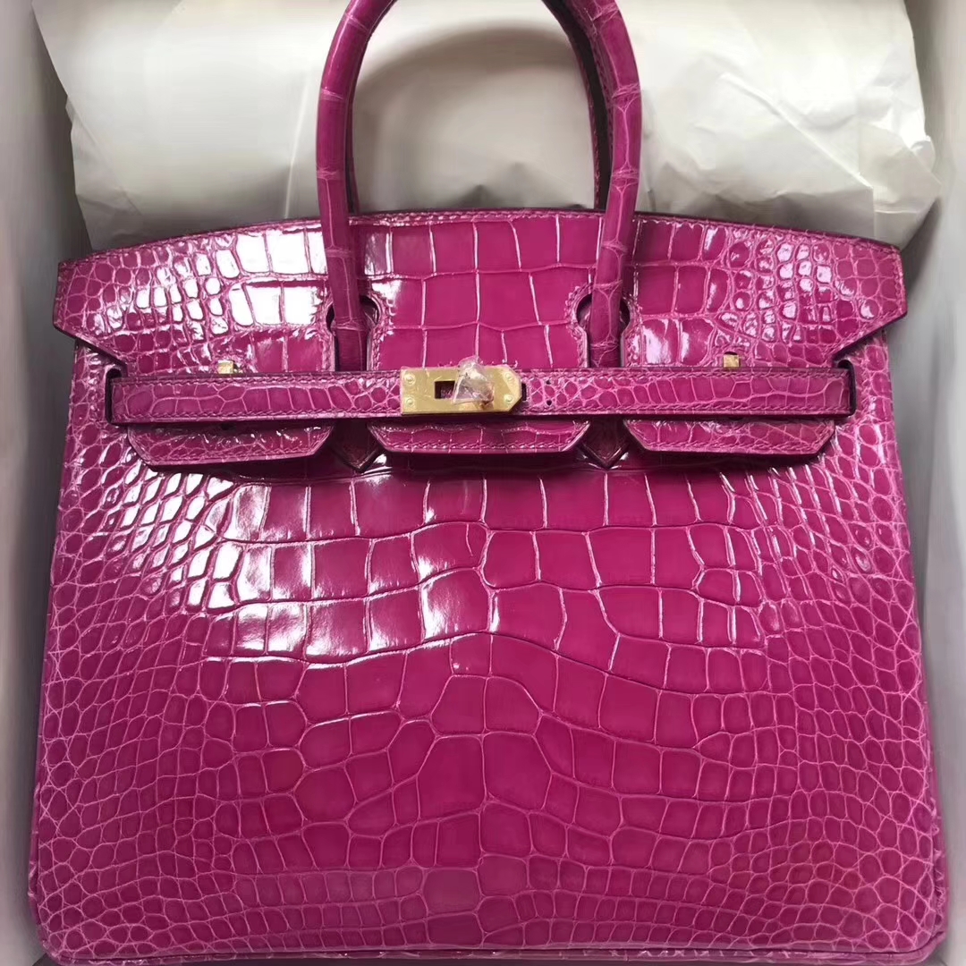 Hermès（爱马仕）Birkin铂金包 Alligator shiny 亮面鳄鱼J5 天方夜谭粉紫 金扣 顶级手缝 25cm