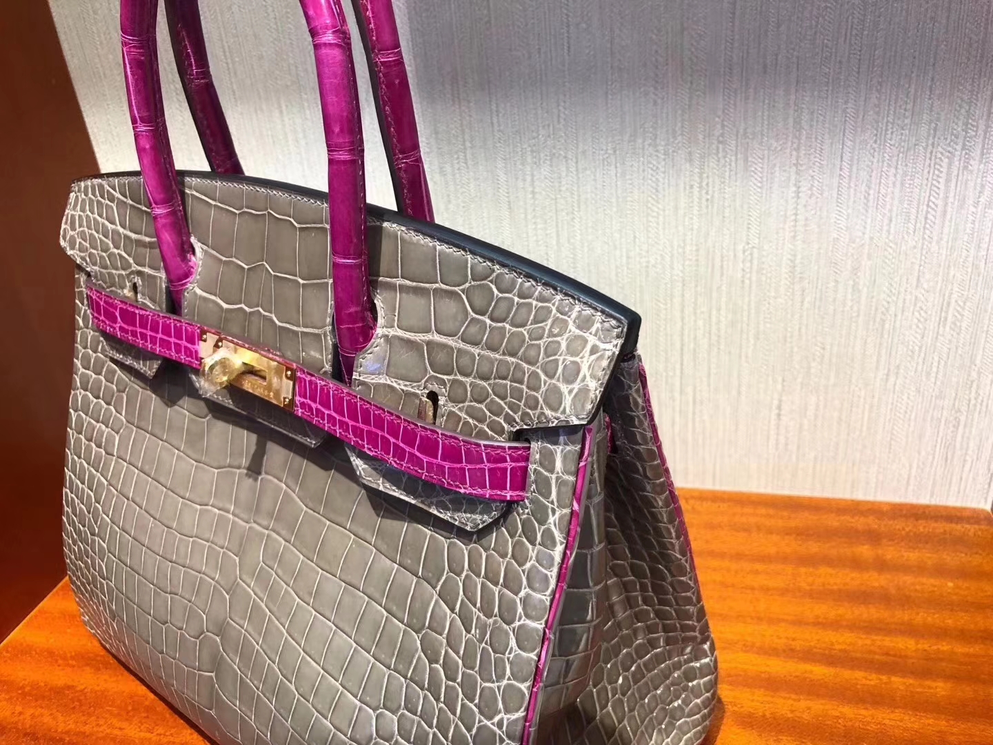 Hermès（爱马仕）Birkin铂金包 ck81 斑鸠灰拼J5 天方夜谭粉紫 亮面澳洲湾鳄 金扣 马蹄印 30cm