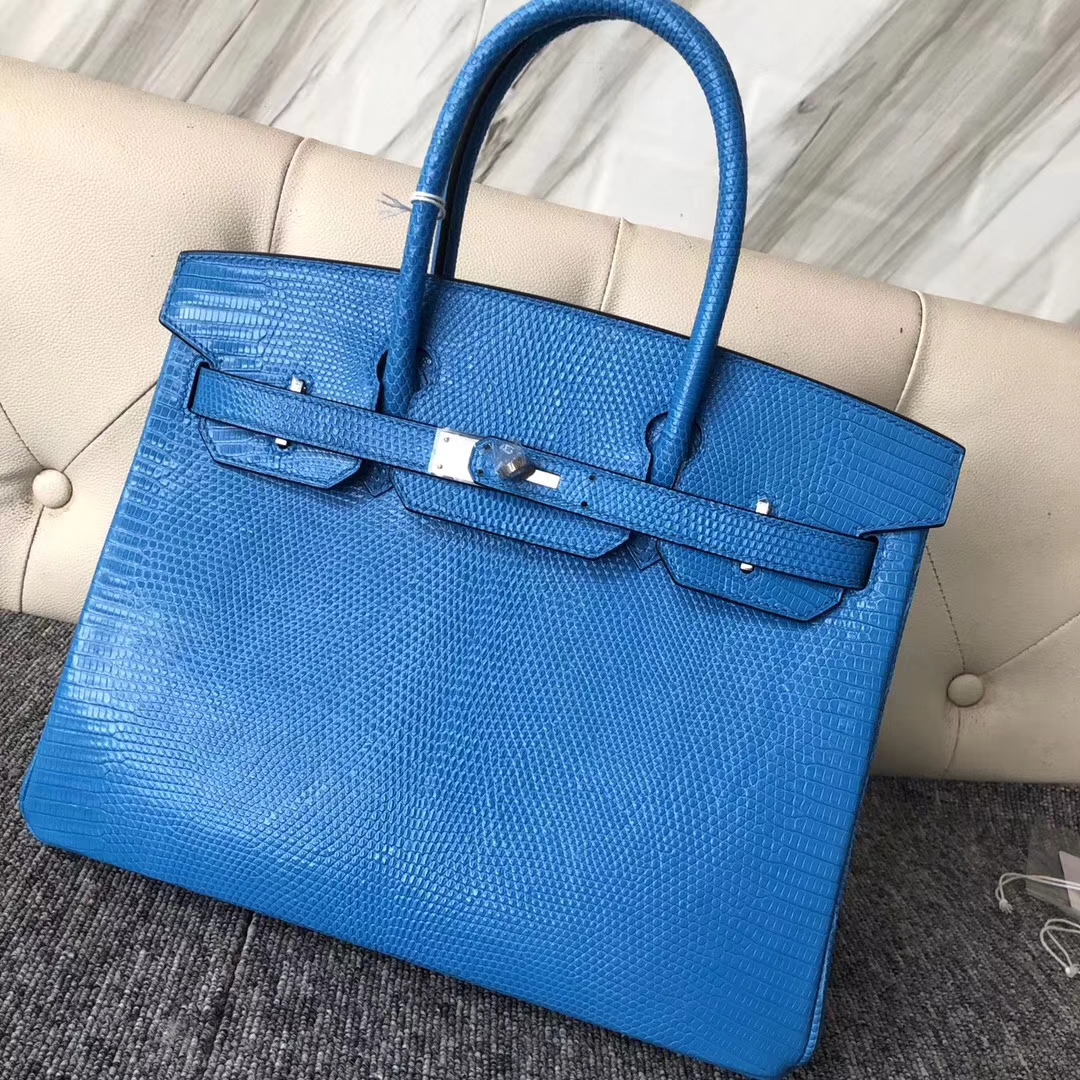 Hermès（爱马仕）Birkin铂金包 Lizard 御用进口蜥蜴皮 7W伊兹密尔蓝 银扣 30cm