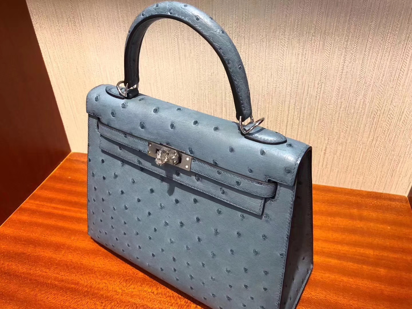 Hermès（爱马仕）Kelly凯莉包 Ostrich kk鸵鸟 8U 冰川蓝 blue glacier 银扣 25cm 现货