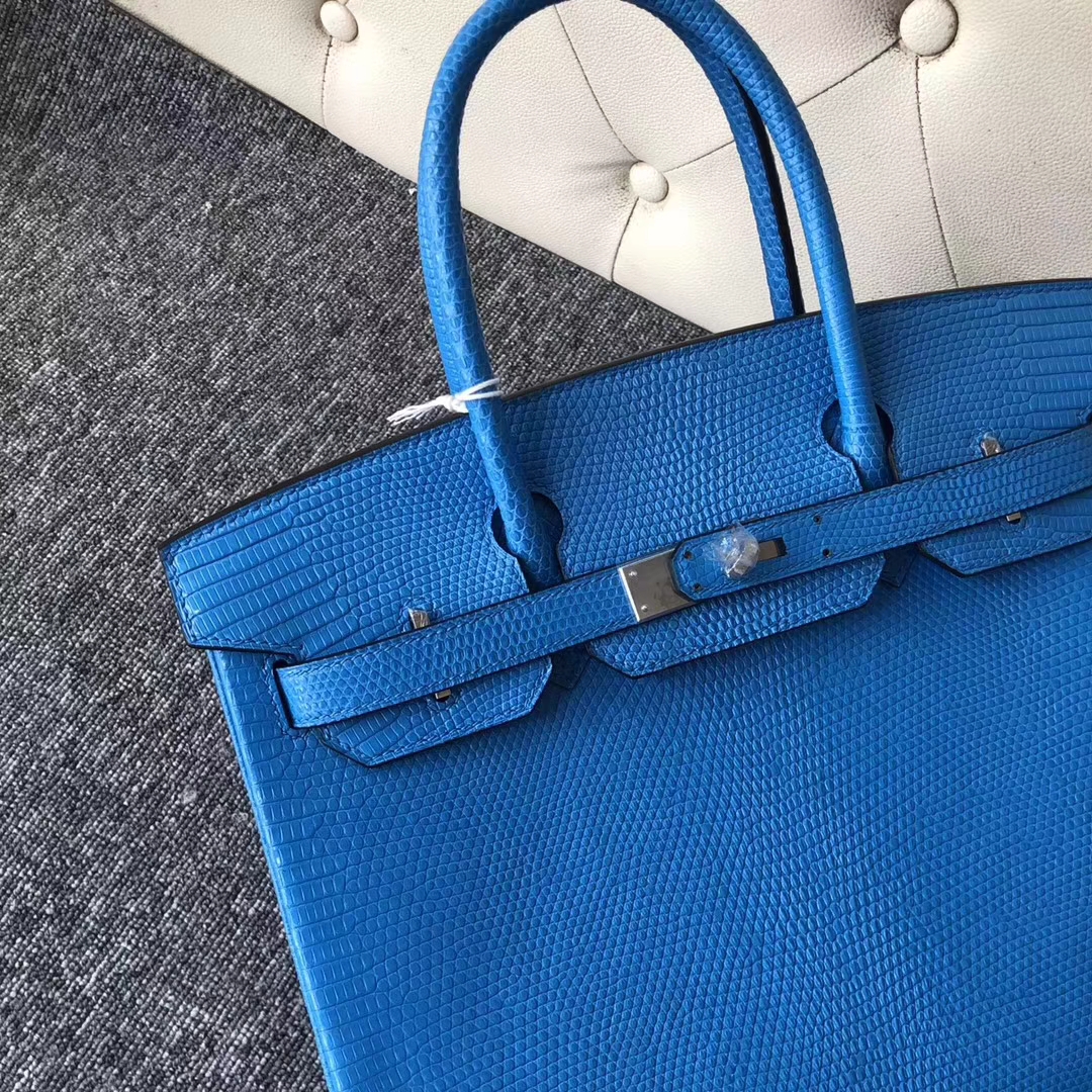 Hermès（爱马仕）Birkin铂金包 Lizard 御用进口蜥蜴皮 7W伊兹密尔蓝 银扣 30cm