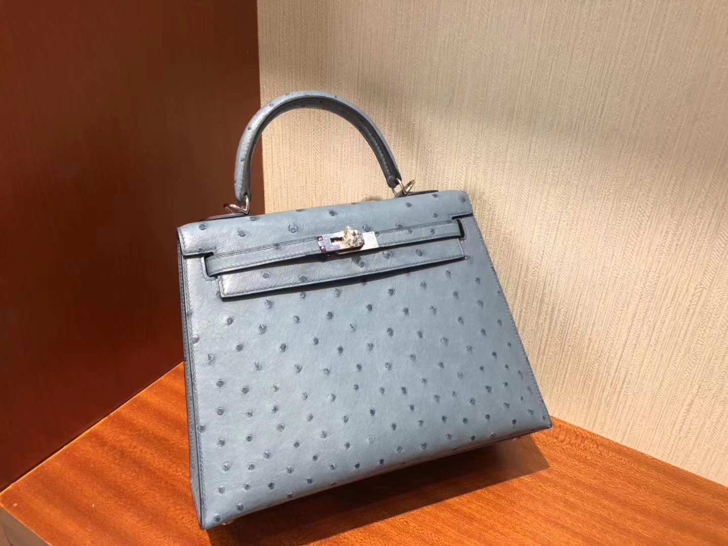 Hermès（爱马仕）Kelly凯莉包 Ostrich kk鸵鸟 8U 冰川蓝 blue glacier 银扣 25cm 现货
