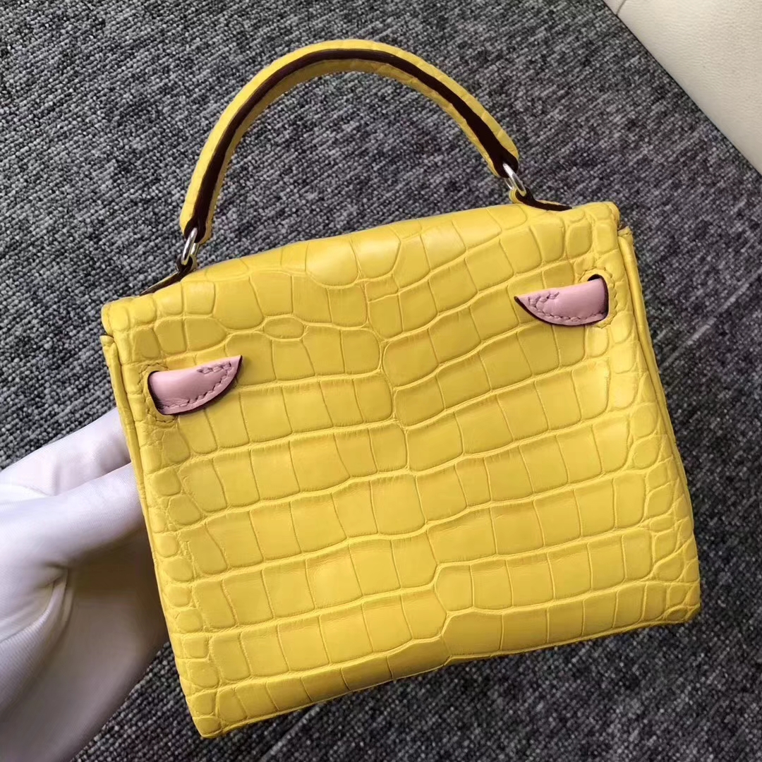 Hermès（爱马仕）Kelly doll 娃娃包 雾面鳄鱼 9R柠檬黄3Ｑ粉 银扣 16cm