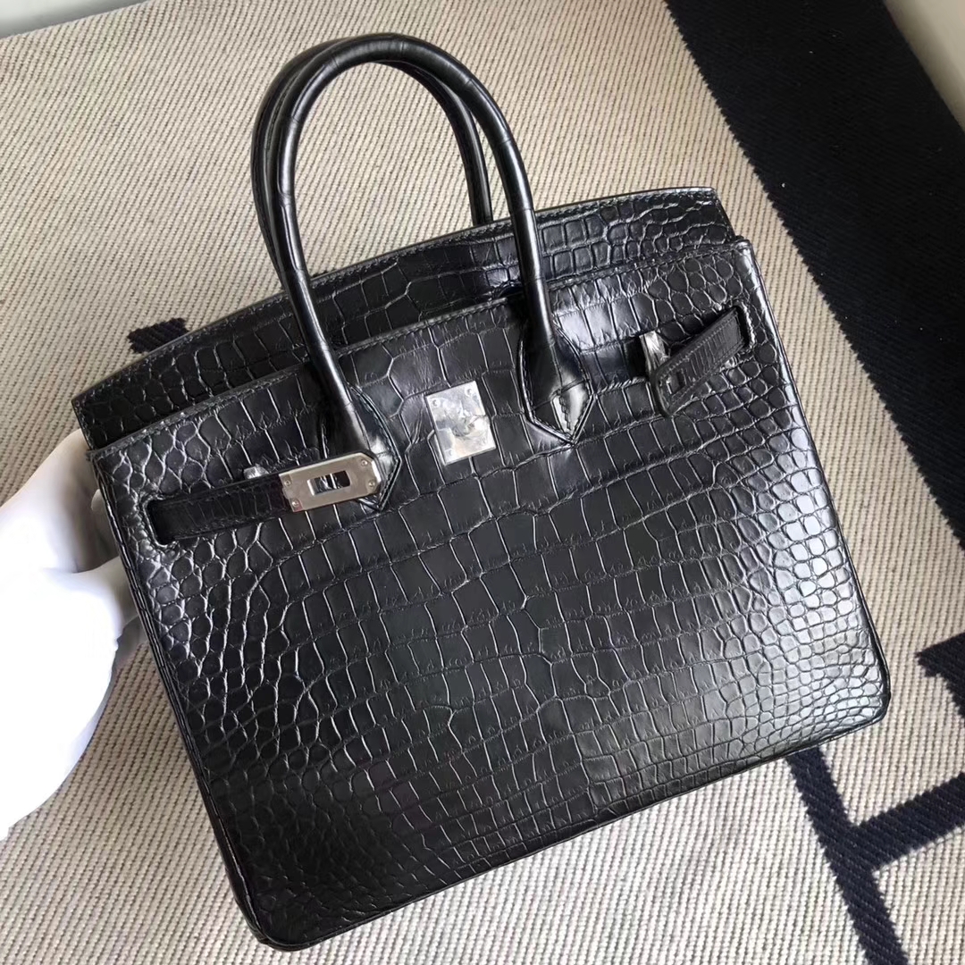 Hermès（爱马仕）Birkin铂金包 雾面倒V澳洲鳄鱼 御用原装HCP鳄鱼皮 CK89黑色 银扣 25cm