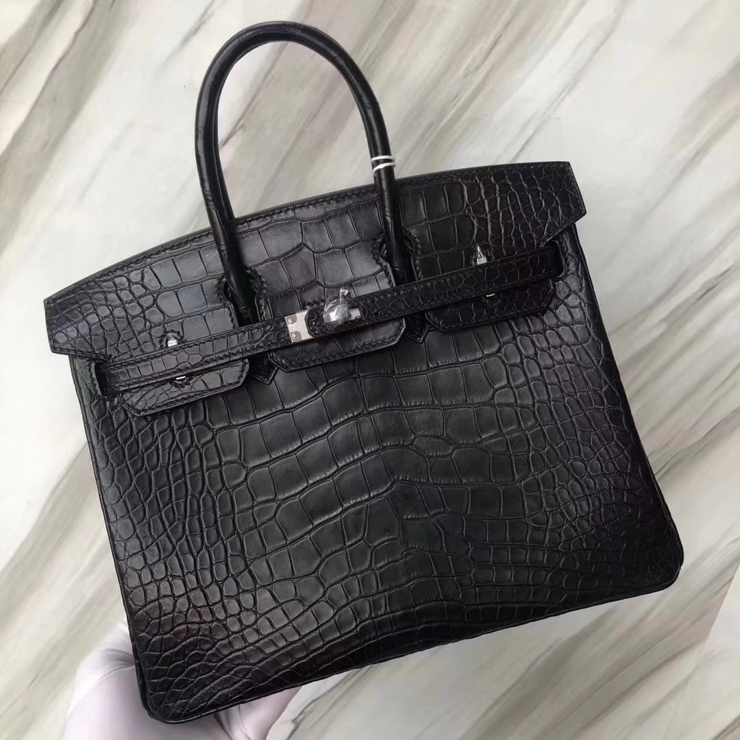 Hermès（爱马仕）Birkin铂金包 雾面框框美洲鳄 ck89黑色 顶级工艺 蜡线全手工 银扣 25cm