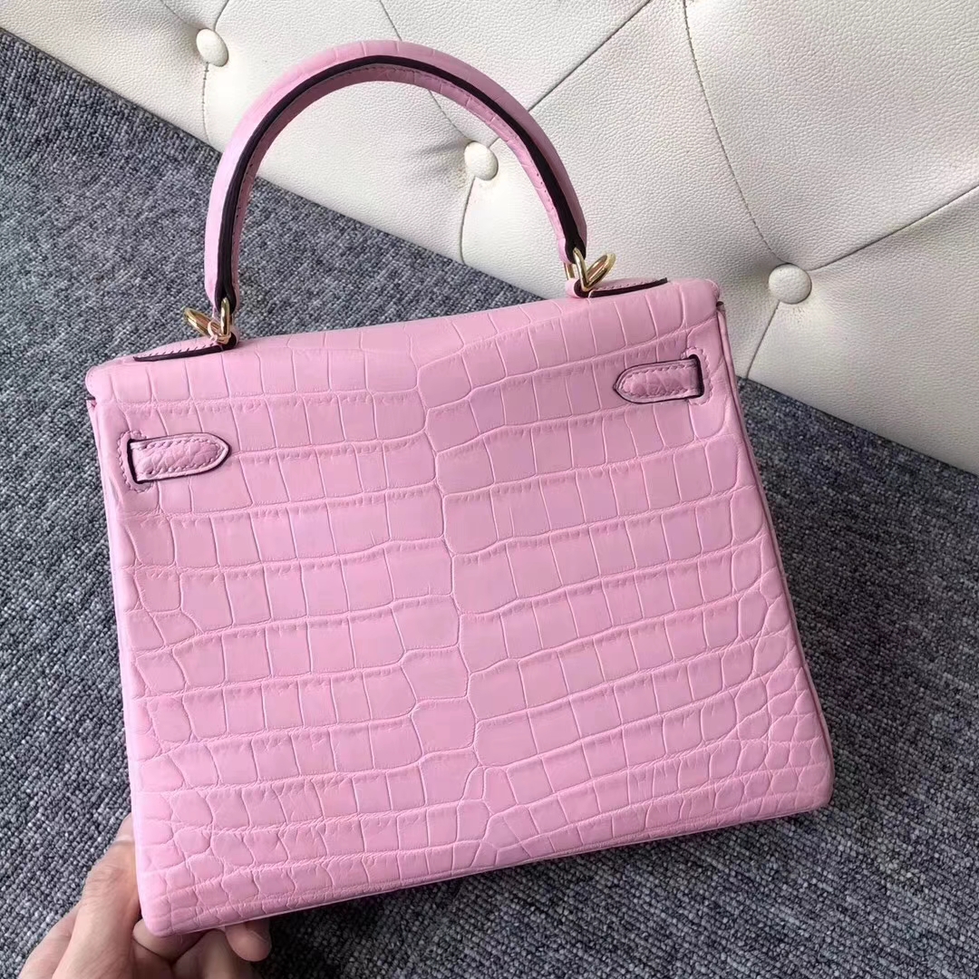 Hermès（爱马仕）Kelly凯莉包 雾面两点尼罗鳄 5p樱花粉 顶级工艺 蜡线全手工 金扣 25cm