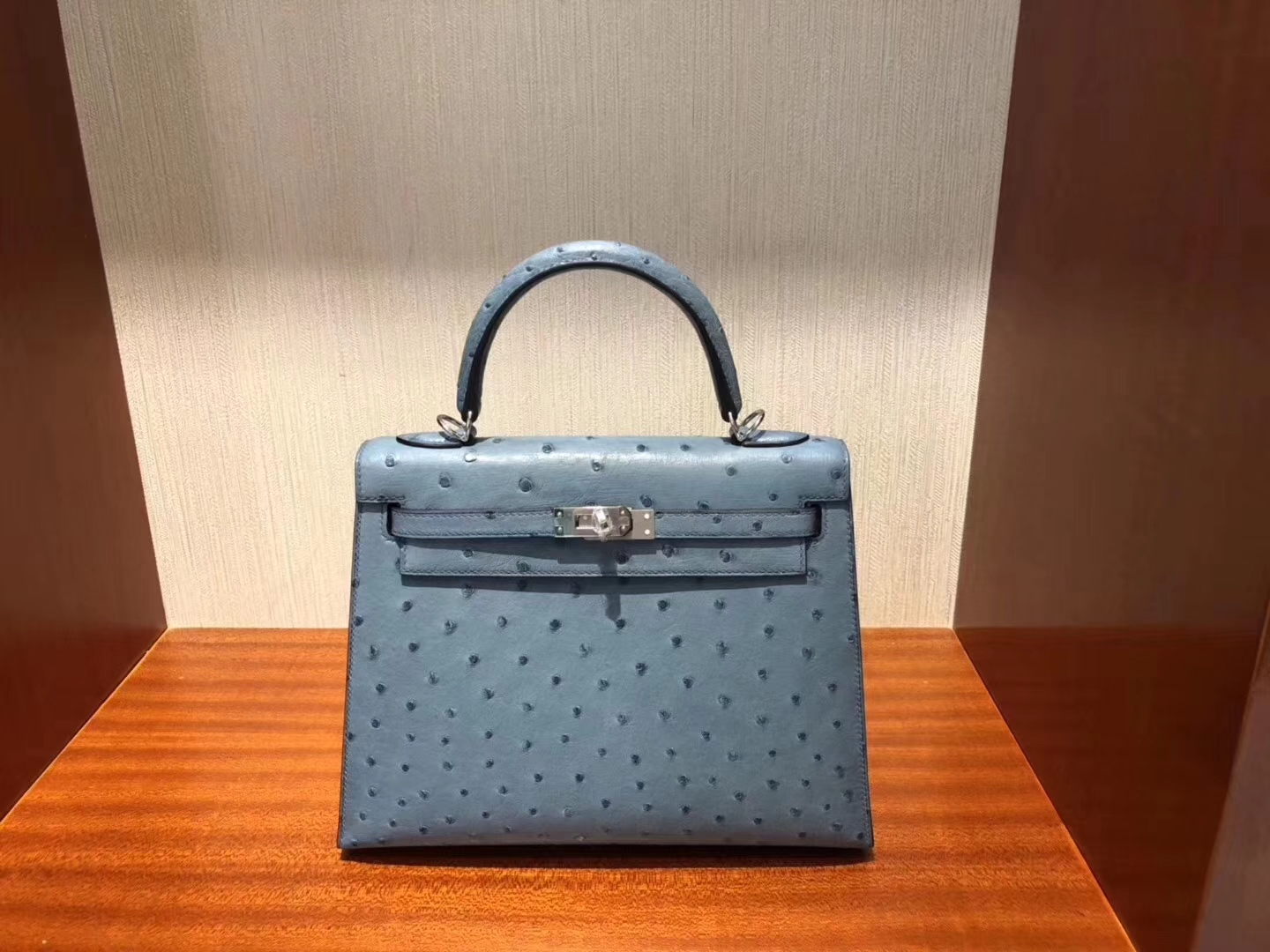 Hermès（爱马仕）Kelly凯莉包 Ostrich kk鸵鸟 8U 冰川蓝 blue glacier 银扣 25cm 现货