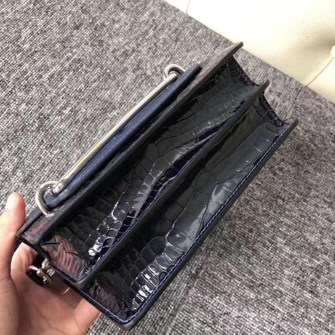Hermès（爱马仕）Roulis Alligator 鳄鱼 马耳他蓝宝石蓝 银扣 超美 18cm