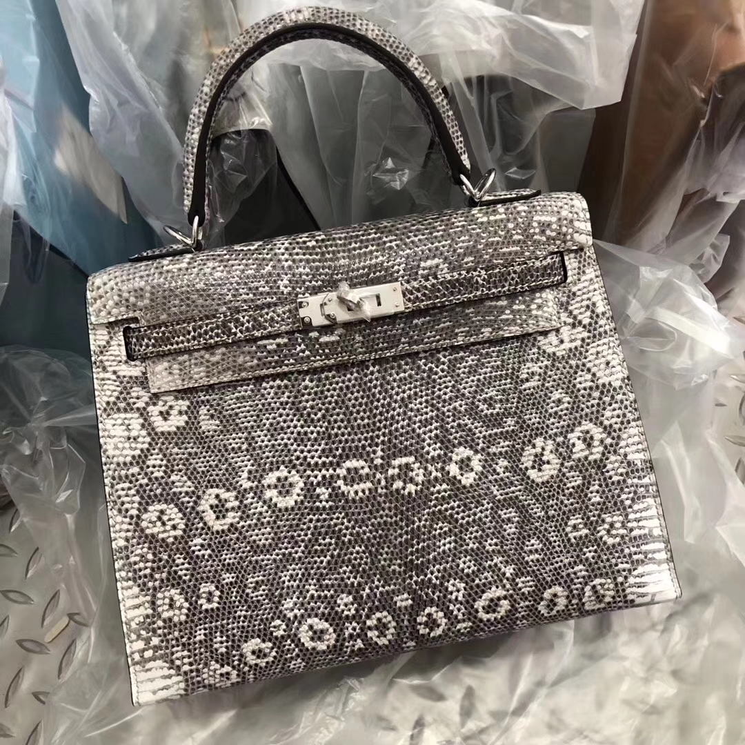 Hermès（爱马仕）Kelly凯莉包 Lizard 御用进口蜥蜴皮 全手工蜜蜡线缝 01自然色 银扣 25cm 现货
