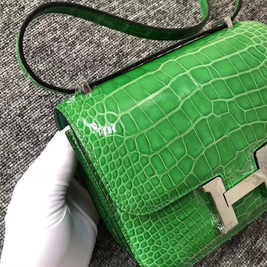 Hermès（爱马仕）Comstance空姐包 Alligator shiny 亮面鳄鱼 1Ｔ 仙人掌绿  银扣 18cm