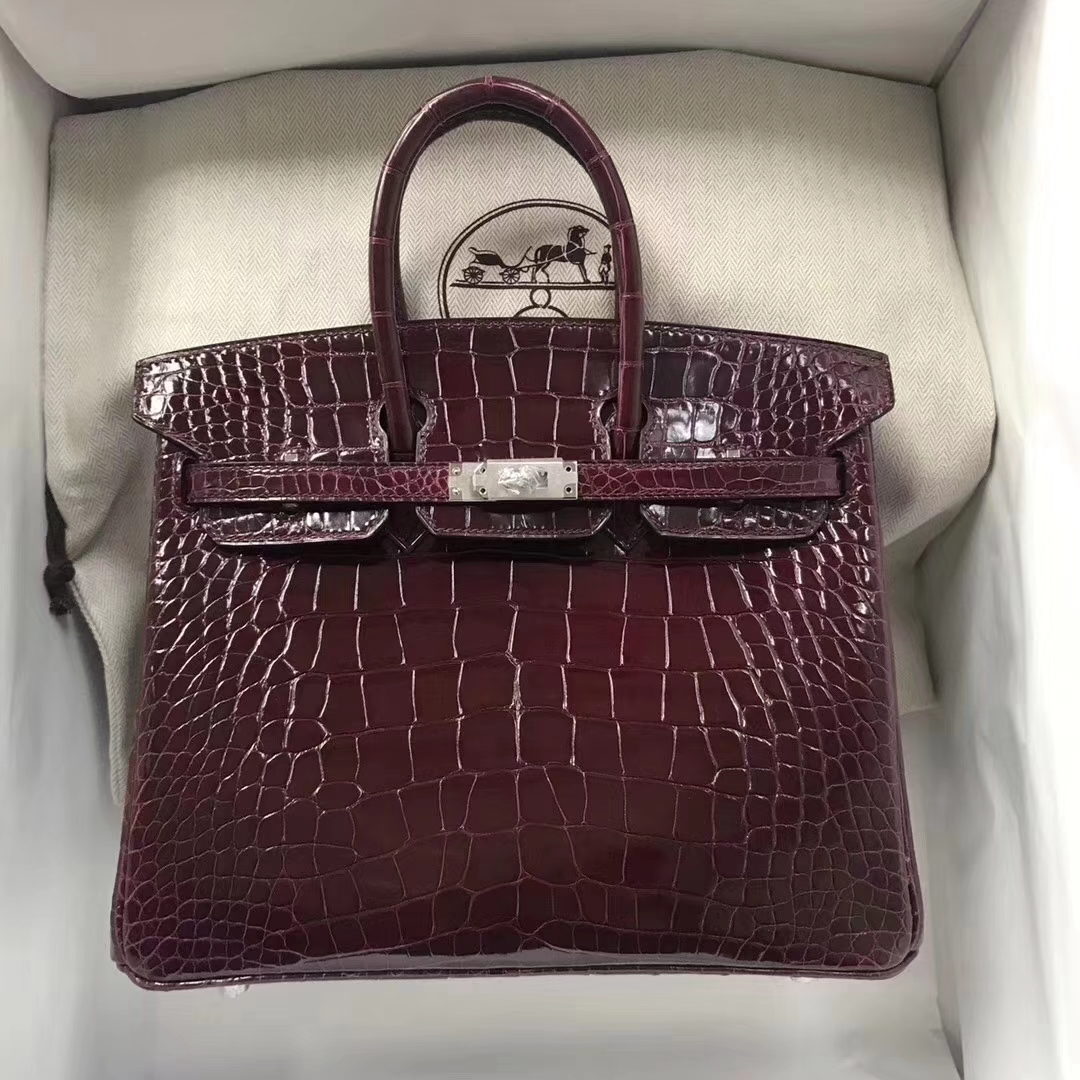 Hermès（爱马仕）Birkin铂金包 Alligator shiny 亮面鳄鱼 ck57 波尔多酒红 金扣 顶级手缝 25cm 现货