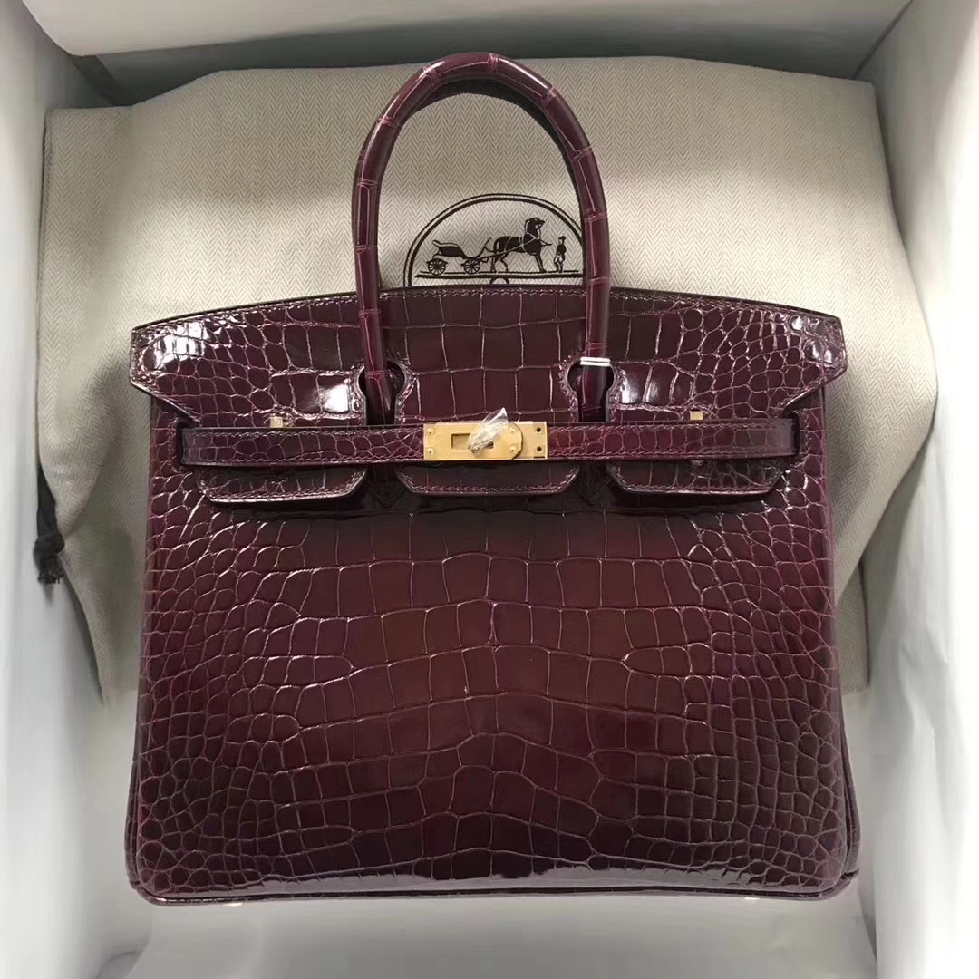 Hermès（爱马仕）Birkin铂金包 Alligator shiny 亮面鳄鱼 ck57 波尔多酒红 金扣 顶级手缝 25cm 现货
