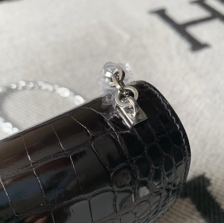 Hermès（爱马仕）Verrou插销包 Alligator shiny 美洲亮面鳄鱼 黑色 银扣 17cm