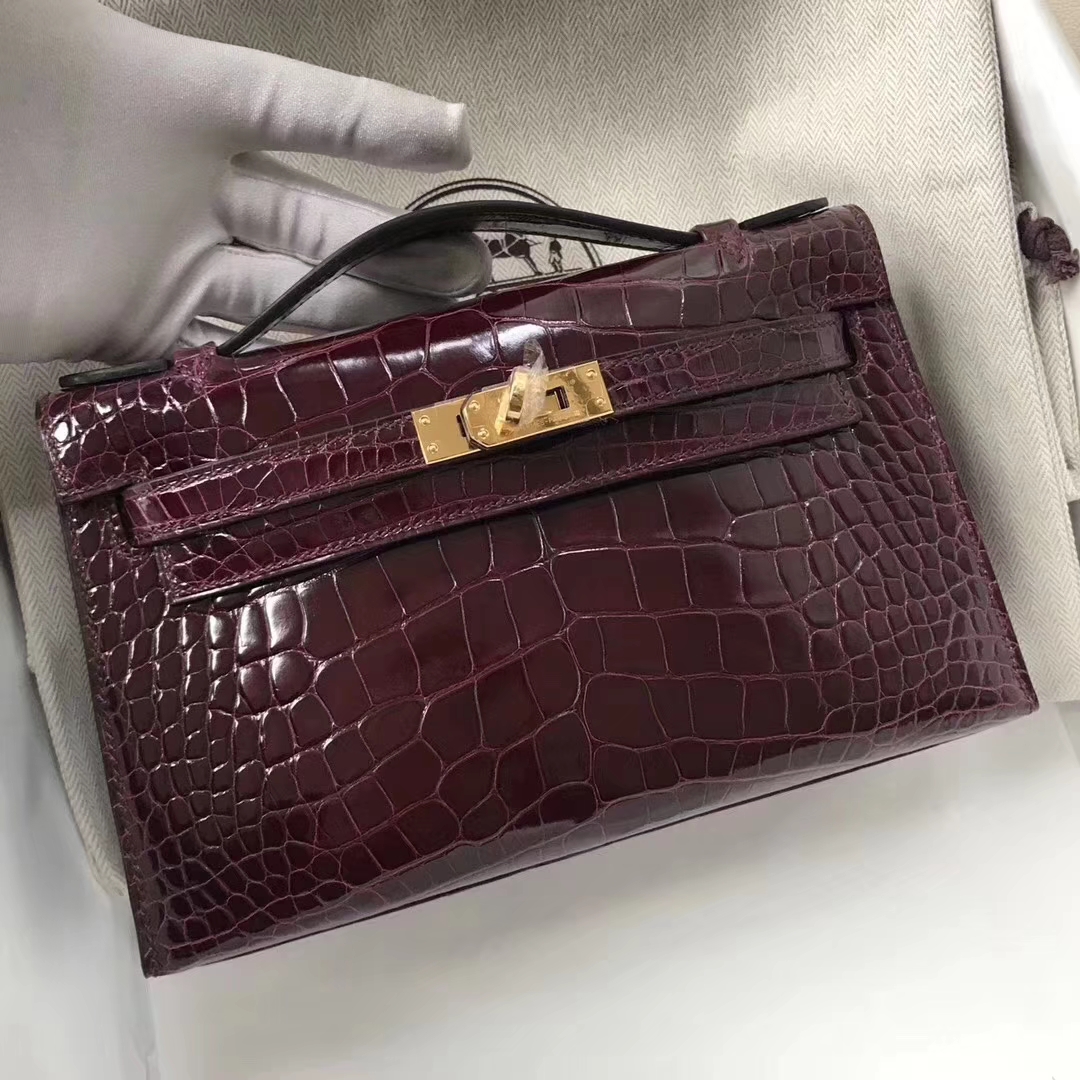 Hermès（爱马仕）Minikelly pochette 亮面鳄鱼 ck57 波尔多酒红 金扣 22cm 手拿包 晚宴包